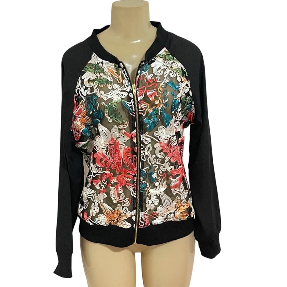 Be.You.tiful floral colorful black zip up embroidered sheer jacket top Spring M